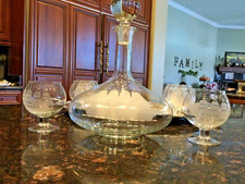 Stunning Antique/VTG Handblown Etched Ships Decanter w/6 Brandy Stemware picture