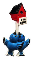 RARE Celluloid PIN Bluebirds Vintage 1940s BIRDHOUSE FOR RENT Plastic Brooch picture
