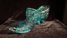 Fenton Shoe Slipper Teal Blue Daisy & Buttons Figurine ~6” Vintage picture