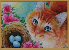 Ginger CAT Blue Eyes Bird Nest Eggs Flowers ART NEW Modern Unposted Postcard picture