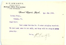 1892 S.P. Swartz Michigan Lumber/Shingles letterhead picture