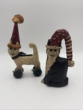Vintage Rosemary A. Flagg Cats Santa Hat 1995 Mixed Media Folk Art Set of 2 picture