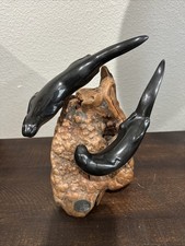 Vintage John Perry Two River Otters Sculpture Burl Wood Base Signed Ebonite Art picture