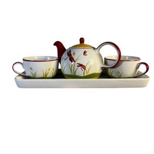 Hues N Brews Dragonfly Tea Set Teapot 2 Cups and Tray Red Yellow White Ceramic picture