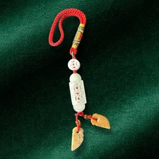 Chinese Jade Lucky Charm Bag Keychain Carved White Jadeite Amulet Red Cord picture