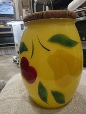 Vintage Bartlett Collins Yellow Glass FRUIT Cookie Canister Jar Cork LID picture