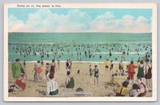Vintage Linen Postcard Come On In The Water Is Fine Crowded Beach Bathers picture