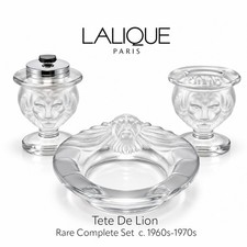 Lalique France Crystal Tete de Lion 3pc Complete Smoking Set, Pristine Unused picture