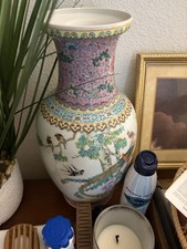 Chinese Porcelain Vase Floral & Bird Design Pink Neck Marked 