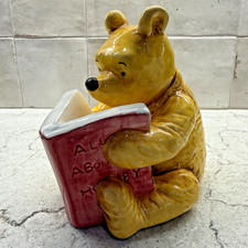 Vtg Disney Winnie The Pooh Bear Ceramic Coin Piggy Bank Reading Honey Book picture