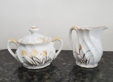 Lefton Cream and Sugar White with Golden  Wheat Pattern Vintage Pristine 20183 picture