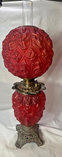 Antique Consolidated Oil Lamp Diamond Drape Red Satin Glass picture