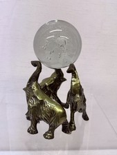 VTG Brass Elephant Trio figures Holding Glass Orb picture