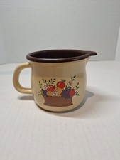 Vintage 1986 FTD Enameled Tan Metal Gravy Boat Pitcher Fruit Basket Print picture