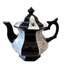 Grace Teaware Porcelain Halloween Teapot Black & White Spooky Spiders New picture