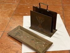 ART DECO ART NOUVEAU BRASS & INLAID COPPER LETTER HOLDER & TRAY DESK OFFICE SET picture