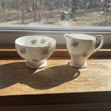 VTG Adderley England Fine Bone China Creamer & Sugar Bowl White w/ Tiny Flowers picture
