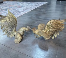 Vintage Mid Century Pair Brass Fighting Roosters picture