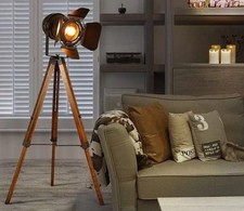 Vintage Industrial Tripod Floor Lamp - Nautical Cinema Spotlight Decor picture