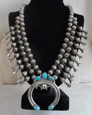 VTG. NAVAJO 1930s-40's TURQUOISE STERLING SILVER 20 BIG SQUASH BLOSSOMS NECKLACE picture