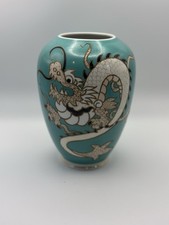 Vintage Schaubach Kunst Germany Dragon Vase Turquoise Gold Relief Porcelain 6.5” picture