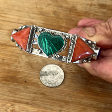 Taxco Mx Sterling Silver 925 Cuff Bracelet green malachite, lapis lazuli & coral picture