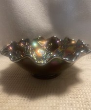 Vtg FENTON Amethyst Very Iridescent carnival Glass Bowl “holly An Berries” picture