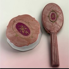Vintage Pink Celluloid Glass Powder Jar and Hairbrush Vanity Set Floral Gold picture
