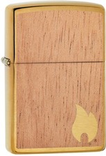 ZIPPO Flame On Wood Brushed Brass w/ Mahogany Emblem 29901 **NEW** picture