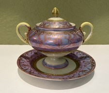 Vintage Lavender Moriage Sugar Bowl Gold Gilt Double Handle 7” Underplate picture