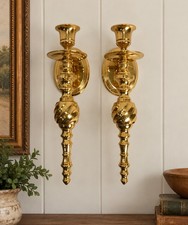 1980s Pair Solid Brass Twisted Wall Sconce Tapered Candle Holder 10” India picture