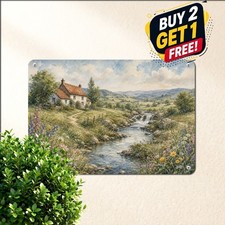 vintage countryside watercolor landscape cottage red roof meandering picture