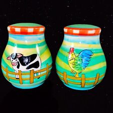 Salt and Pepper Shakers Cow Rooster Multicolor Art Pottery Kitchenware 3.5”T picture