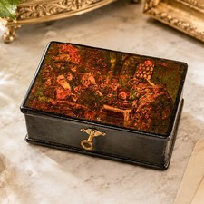 19th Century Antique Russian Painted Boyar Wedding Feast Lacquer Box w/ Key picture