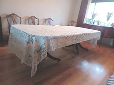 Exquisite Vtg. White Cutwork/Needle Lace Venetian Style Tablecloth 63x138 picture