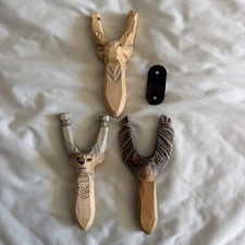 3 ALASKA HAND CARVED WOOD MOOSE DEERAnd BAT SLING SHOT WITH GLASS EYES picture
