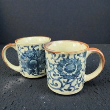 Takahashi Speckled Stoneware Tan Blue Coffee Mug Cup Set 2 Ceramic Mugs Cups VTG picture