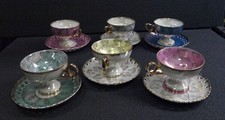 VINTAGE JAPANESE 6PC SET OF ENESCO IRIDESCENT PORCELAIN CUPS AND SAUCERS picture