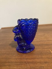 Vtg Cobalt Blue Glass Bunny Rabbit w/ basket Egg Cup Holder Toothpick Easter picture
