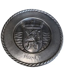 Vintage Namur Belgium Pewter Plate Coat Of Arms Heraldic Lion Rampant 9” picture