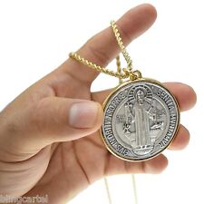 Medalla De San Benito 48mm Medal St Benedict Pendant Gold Plated Rope Chain 24