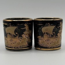 Vintage D. Strigos KE Greece 24K Gold Black Ceramic Shot Glass Set of 2 picture