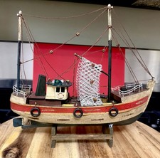 Vintage Handmade Wooden Fishing Boat Model Rustic Folk Art Trawler 11” picture
