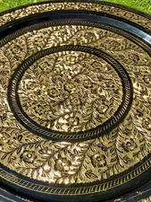Vtg Brass Wall Art 17” Large Black Lacquer Hand Etched Engraved Tray Gold Floral picture