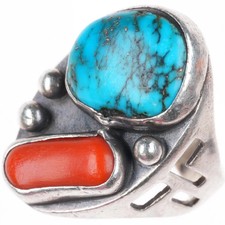 sz9.5 vintage Navajo sterling silver turquoise and coral cutout sides ring picture