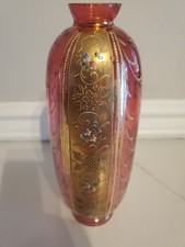 Bohemian Vintage Cranberry Glass Floral Vase with Gold Overlay picture