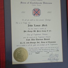 Signed Framed Sons of Confederate Veterans Certificate John Lamar Merck picture