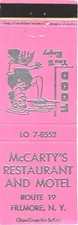 McCarty's Restaurant & Motel Fillmore NY Vintage Matchbook Cover 1950s picture