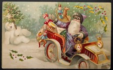 Vintage Santa Christmas Drives Car Toys Snowman Hold to Light Postcard picture