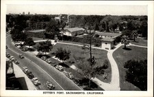 Sutter's Fort Sacramento California aerial view antique cars ~ vintage postcard picture